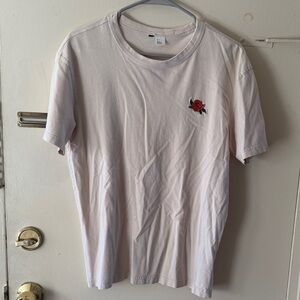 H&M Men's Cream T-Shirt with Rose Embroidery on left side. Size Small.